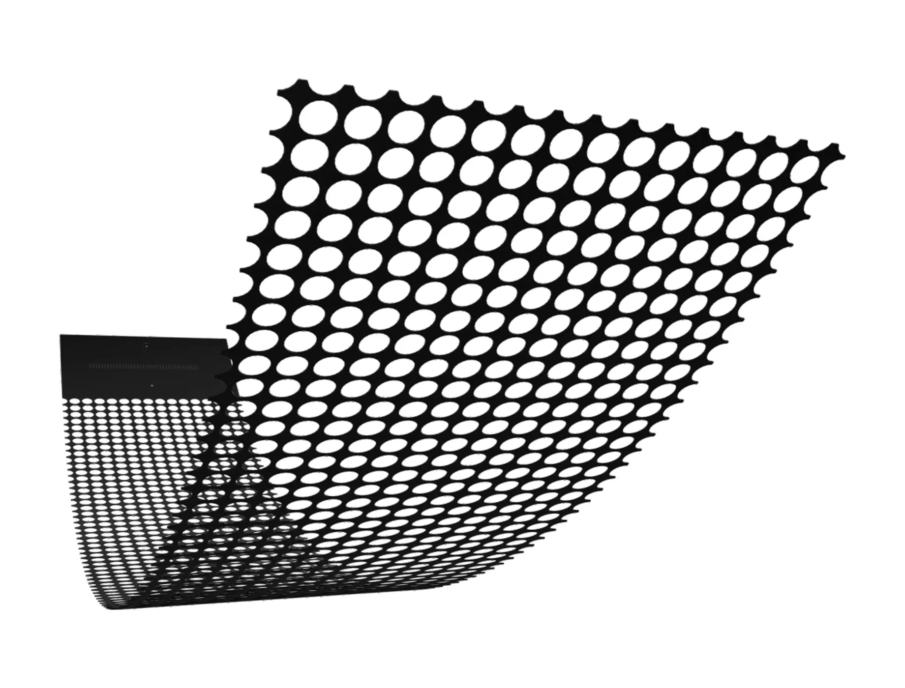 Perforated transparent LED film bending away from its connection strip