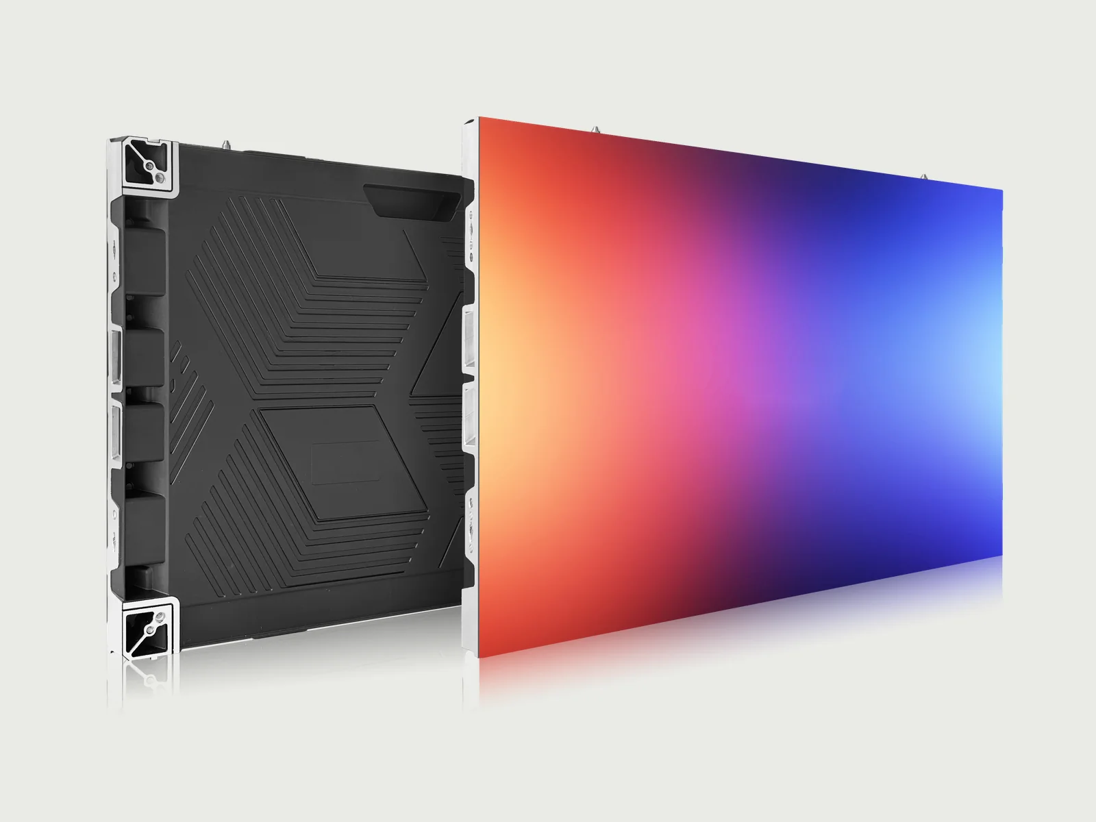 R-PRO indoor LED cabinet with front display surface and rear cabinet view